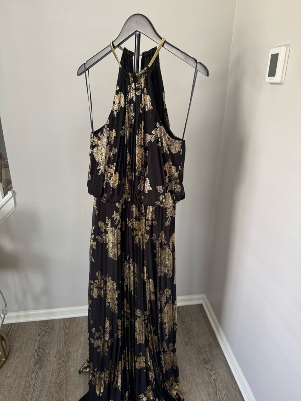 MSK Black and Gold Floral Halter Maxi Dress